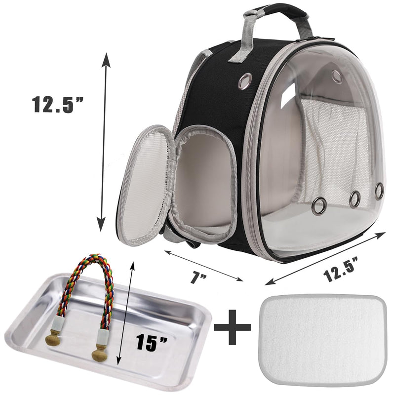 Small Bird Travel Backpack Carrier Cage, Backpack to Transport Backpack Carrier with Metal Tray Stand Perch for Parakeet Cockatiel Budgies Vet Carry Book Bag Black Clear Bubble - PawsPlanet Australia