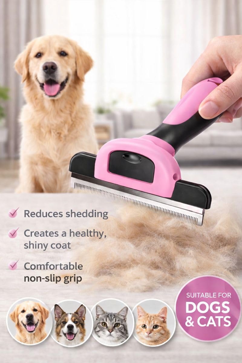 Professional Pet Deshedding Tool & Grooming Brush for Dogs & Cats – Stainless Steel Blade – For Short & Long Hair – Small / Medium / Large Breeds (Pink) Pink