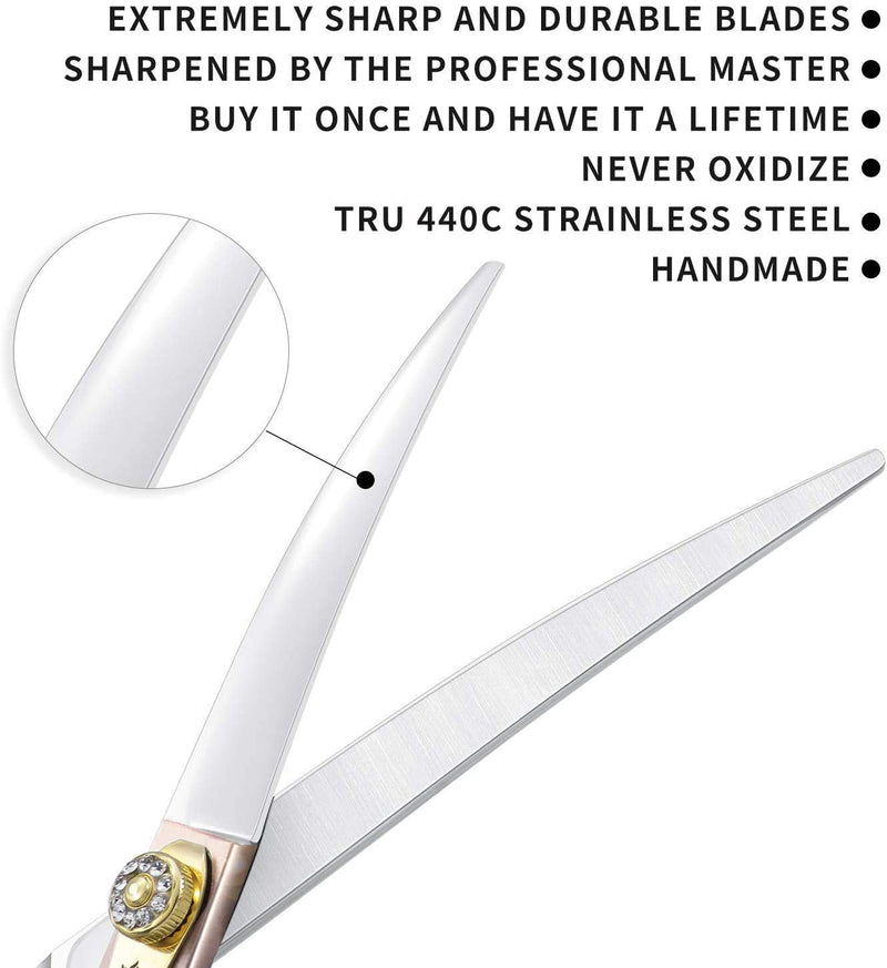7 Inches Professional Pet Grooming Scissors, 440C Japanese Steel Straight & Curved & Thinning & Chunker Shears/Scissors for Dog Cat and More Pets (7 inch-Curved Scissors) 7 Inch-curved Scissors - PawsPlanet Australia