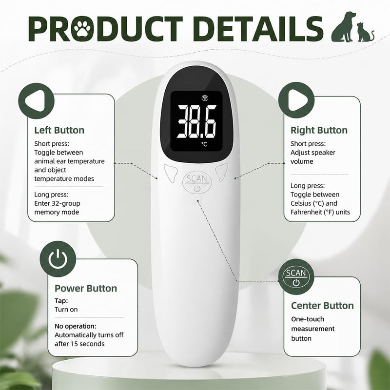 Digital ear thermometer for dogs with LED display, thermometer for dogs, cats and other animals, fast and accurate
