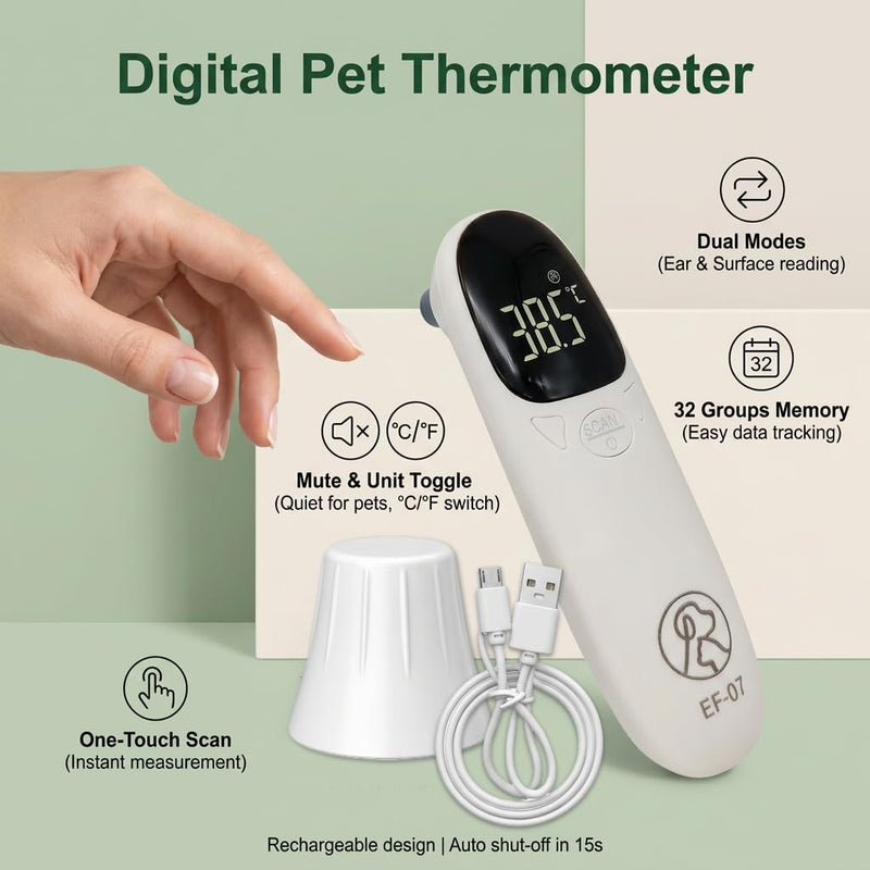 Ear thermometer for dogs and cats, digital pet thermometer with LED display, fast fever detection in seconds, portable ear thermometer for puppies, cows and sheep