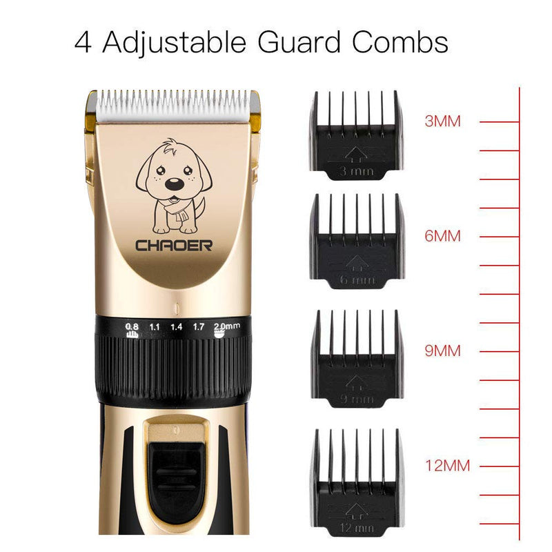 Pet Dog Grooming Clippers - Rechargeable Low Noise Cordless Pet Clippers, Professional Dog Hair Trimmer Grooming Kit with 4 Guide Combs and Cleaning Brush Nail Kits for Dogs Cats Any Animals Gold-1 - PawsPlanet Australia