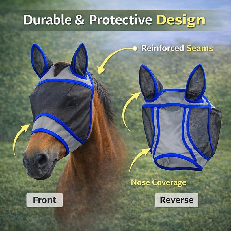 Horse Fly Mask with Ears for Riding & Grazing, Secure Fit in Wind, Breathable Soft Mesh, UV Protection, Large Eye Space for Comfort, Durable Design-L