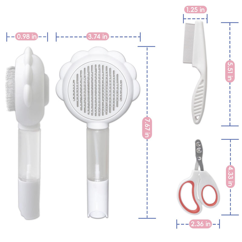 Cat Brushes For Indoor Cats, Cat Shedding Brush With Pet Flea Comb & Pet Nail Clippers, Slicker Brush For Dogs & Rabbit Grooming Kit, Spray Hair Removal Comb With Release Button & Visual Spray, White - PawsPlanet Australia