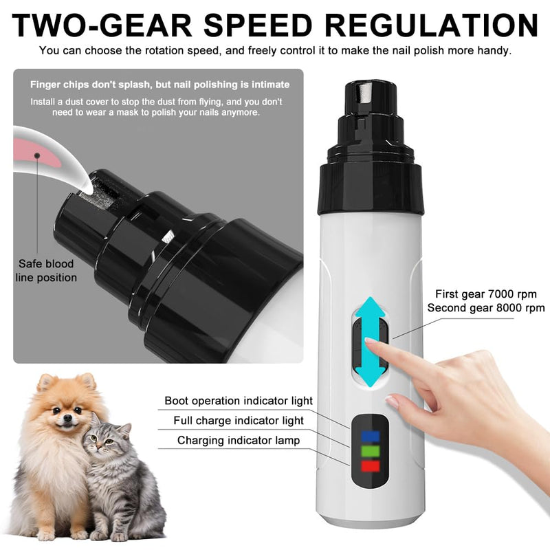 Dog Nail Grinder, Silent Dog Nail Trimmer with Two Adjustable & Under 50dB Low Noise, USB Rechargeable Pet Nail Grinder, Electric Pet Paws Grooming Smoothing Tool for Most Cat Dog Pet (White)