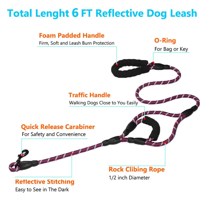 Heavy Duty Dog Leash with 2 Comfortable Padded Handles, Reflective Double Handle Dog Leash Lead for Small Medium Large Dogs Walking Training Running (Purple, 6FT) Purple - PawsPlanet Australia