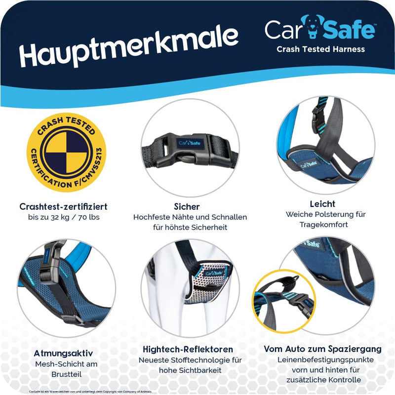 CarSafe Crash Tested Dog Safety Harness - Crash Tested to 32Kg/70lbs, Safely Secure Dog in The Car, Comfortable and Padded Design. for Toy, Small, Medium and Large Dogs (Size Small) - PawsPlanet Australia