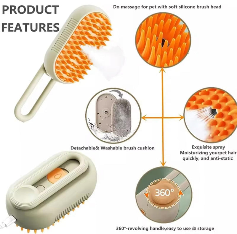 3-in-1 Pet Steam Brush for Cats & Dogs - Rechargeable Dog Brush for Shedding, Deshedding Dog Brush With Mist Spray, Anti-Static Comb & Massage for Relaxation, Orange & Khaki Orange and Kaiki - PawsPlanet Australia