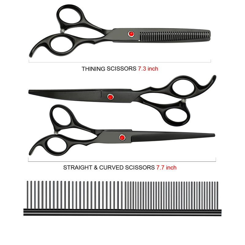 Professional Dog Grooming Scissors Set Stainless Steel Dog Grooming Kit - Thinning, Curved Scissors and Comb for Cat Pet (Black 5 in1) Black 5 in 1 - PawsPlanet Australia