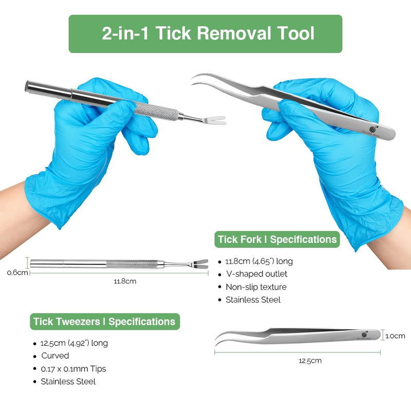 Tick Remover, Tick Removal Tool, Stainless Steel Tick Remover Tool for Dogs/Humans/Cats/Horses, Professional Foam Inserts Tick Remover Set- Includes Tick Tweezers, Tick Fork, Handy Tin, Manual (1 Set)