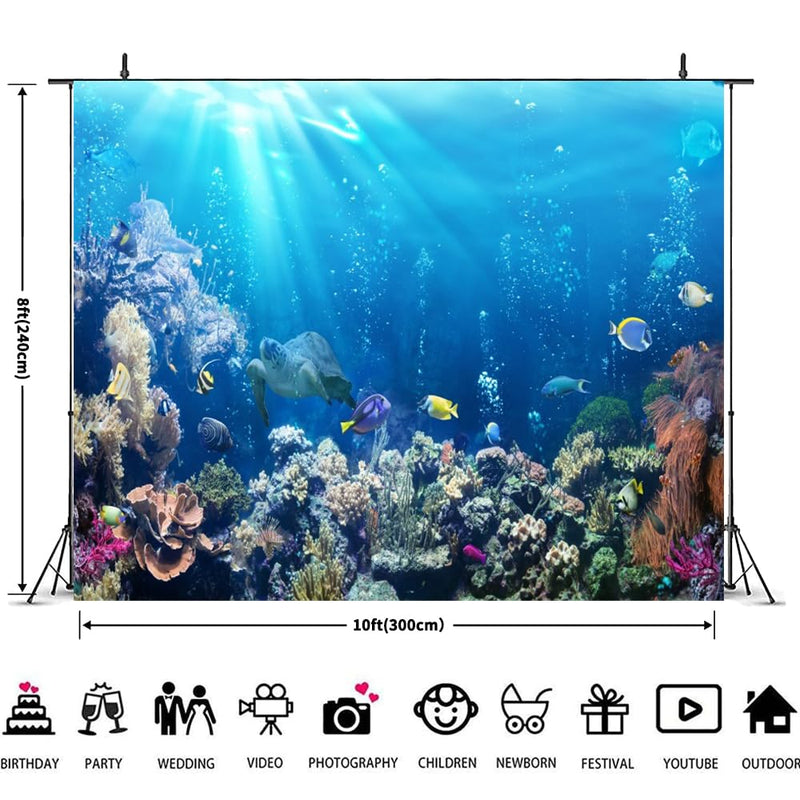 Under The Sea Backdrop 10x8ft Ocean Seabed Underwater World Turtle Coral Reef Deep Sea Photography Background Marine Aquarium Backdrops Banner Decorations - PawsPlanet Australia
