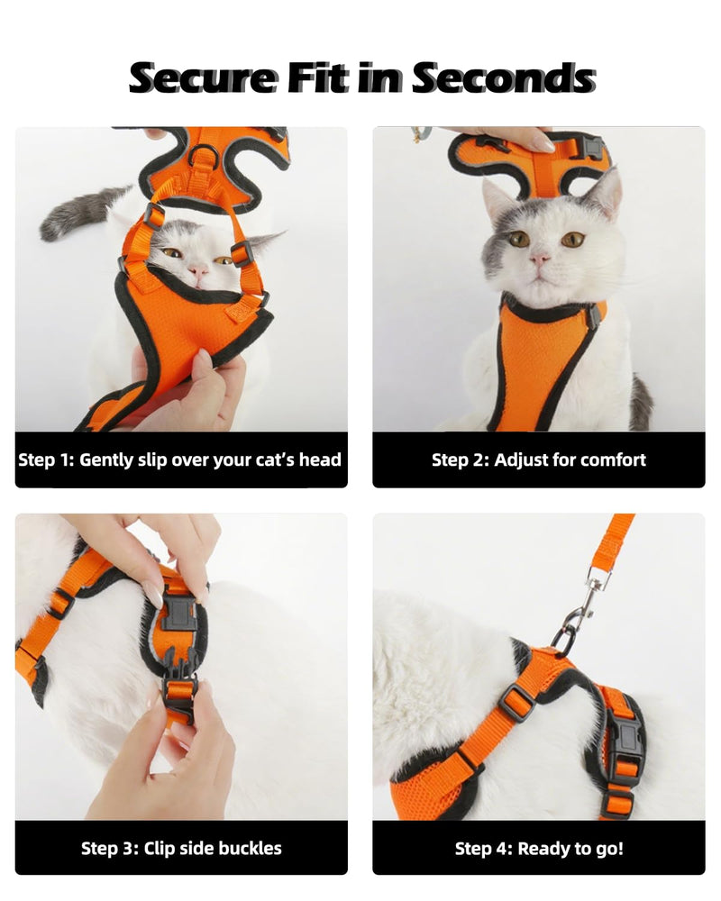 Luxelle 2 Pack Escape-Proof Cat Harness and Leash Set for Walking – Adjustable No Pull Soft Vest with Easy-Wear Buckle, Reflective Straps, Breathable Mesh – Outdoor Travel Harness for Cats & Kittens Orange Red XS - PawsPlanet Australia
