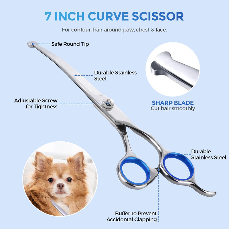 Dog Grooming Scissors with Safety Round Tips, Heavy Duty Titanium Pet Grooming Trimmer Kit, Professional Thinning Shears, Straight Scissors with Comb for Dogs and Cats (Set of 5) Silver Set of 5 - PawsPlanet Australia