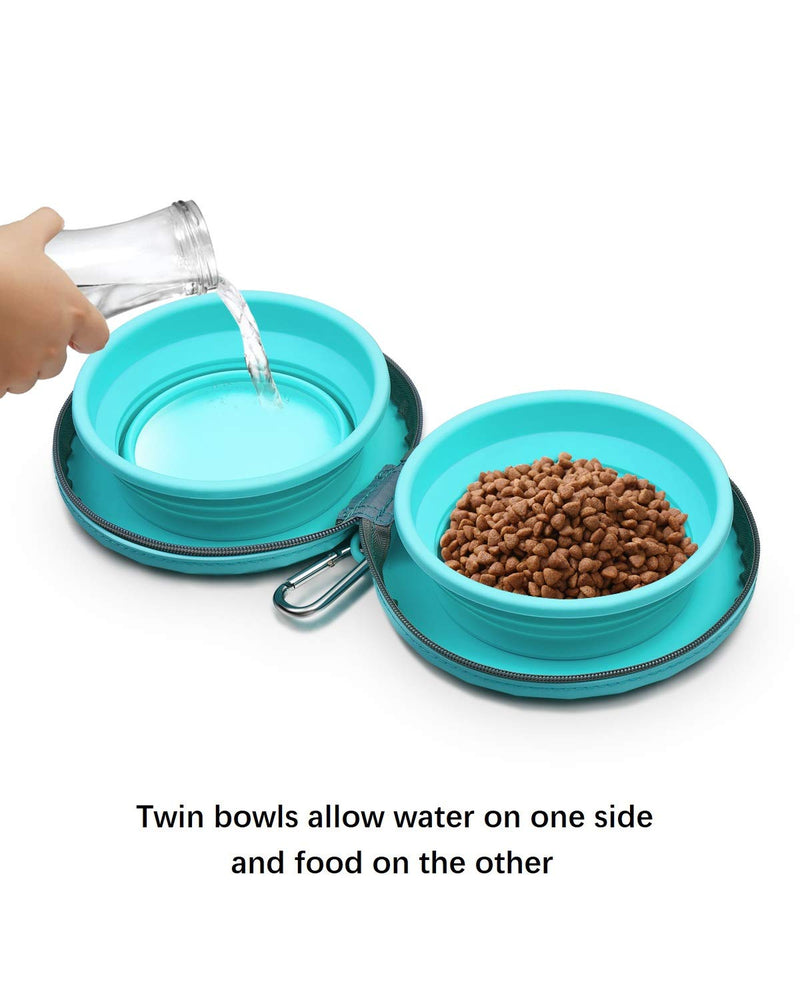 KALLAK Collapsible Silicone Twin Dog Bowls with Zipper Silicone Case, Foldable Travel Dog Bowls, Expandable Cup Dish, No Spill Non-Skid Silicone Pet Food and Water Feeder Bowl with Carabiner Clip - PawsPlanet Australia