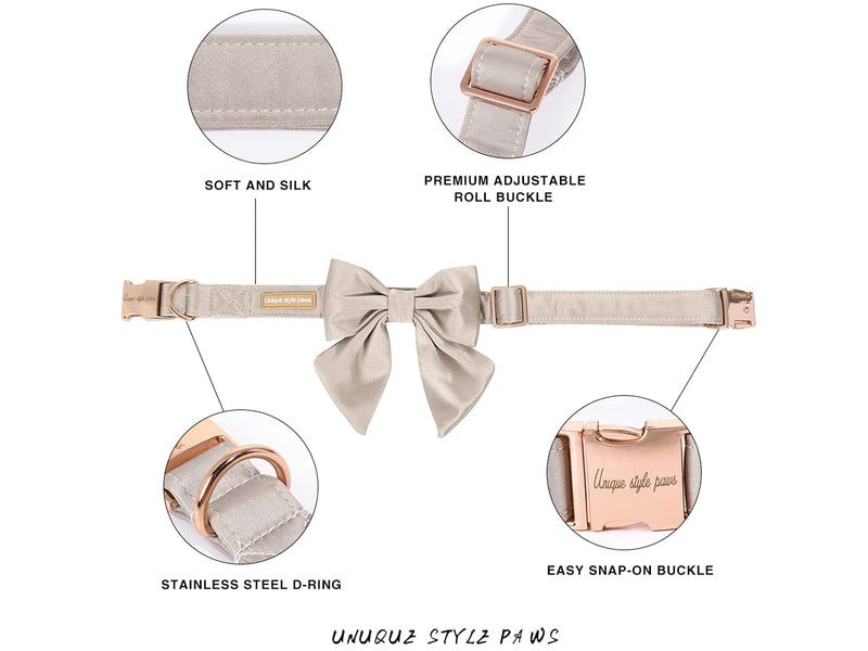 Unique Style Paws Silk Champagne Color Adjustable Durable Collar with Bow Wedding Bow Tie for Large Dogs L