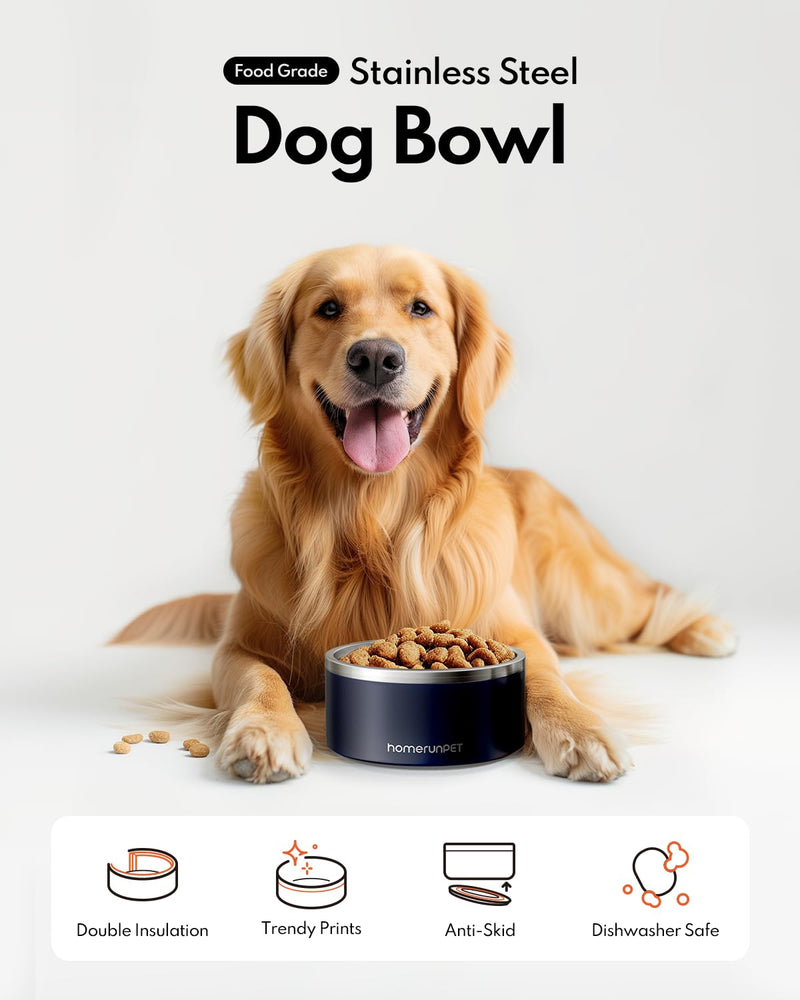 Dog Bowl, HomeRunPet Dog Food Water Bowl with Non-Slip Rubber Base, Metal Insulated Stainless Steel Dog Bowls, Double Wall Dog Bowl for Small Medium Large Dogs, Durable, Dishwasher Safe, 32oz Navy