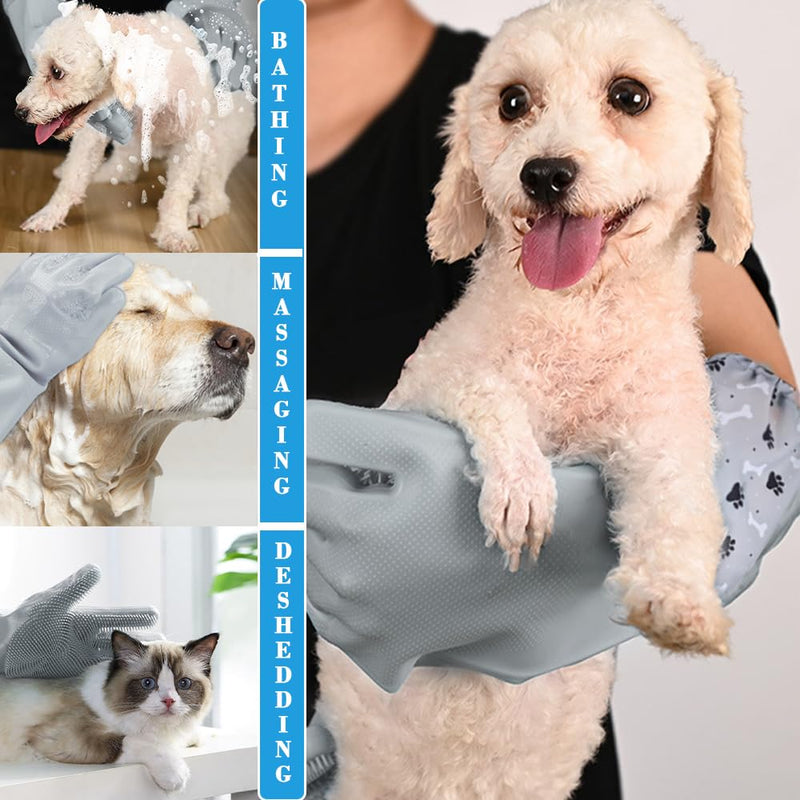 Pet Grooming Gloves Pet Hair Remover Cat, Dog Washing Gloves Silicone Heat Resistant Cleaning Gloves with High-Density Teeth Grooming Gloves for Dogs, Cats, Horses, Rabbits (1 Pair - Gray) 1 Pair - Gray - PawsPlanet Australia