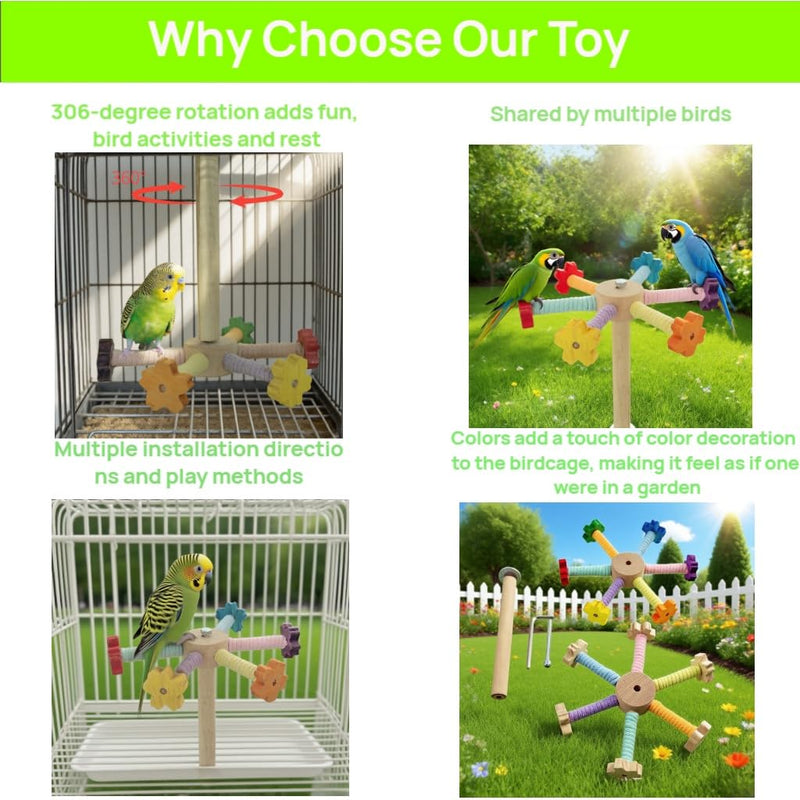 Flower Bird Stand Perch Toy, Interactive Spinning Parakeet Toys, Wooden Exercise Wheel Parrot Toy, Colorful Enrichment Cockatiel Toy for Birds Cage, Bird Cage Accessories Perch Toys for Budgies - PawsPlanet Australia