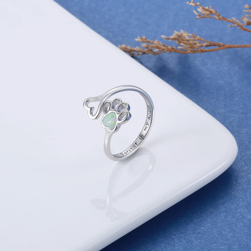 Opal Pet Lovers Paw Print Ring Heart 925 Sterling Silver Adjustable Puppy Cat Ring Animal Jewelry Love Dog Claw Ring Pets Loving Friend Families Gifts White