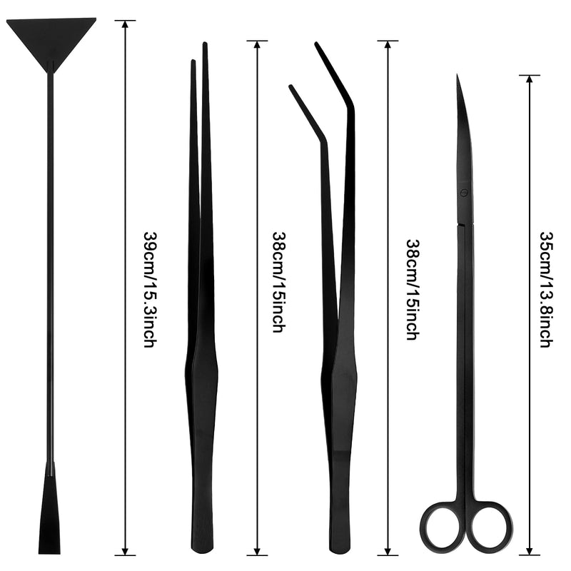 15Inch Extra Long Design Aquarium Aquascaping Tool Stainless Steel Aquascape Tools Kit 4 in 1 Anti-Rust Fish Tank Starter Kit with Long Tweezers Scissors Spatula for Aquarium Plants (Black) Black - PawsPlanet Australia