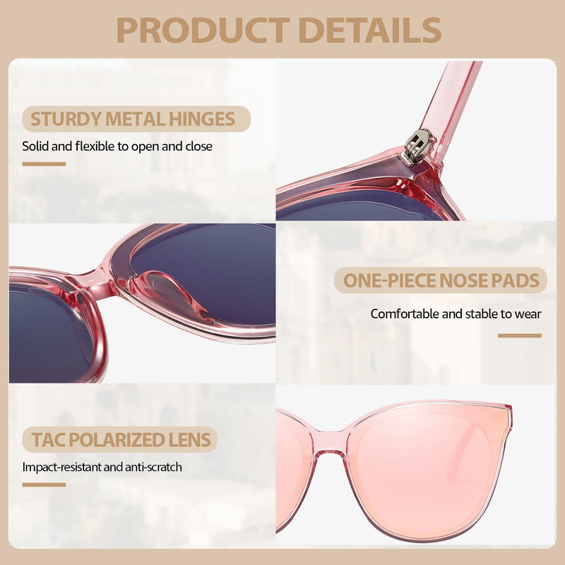 HASFOX Cat Eyes Sunglasses for Women | Polarized UV Protection Shades for Driving | Lightweight Oversized Style | Hard Case A02 Clear Pink Frame / Rose Gold Mirrored Lens 67 Millimeters - PawsPlanet Australia
