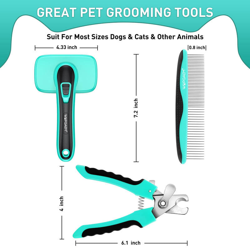 Cat Dog Brush, Self Cleaning Slicker Dog Brush,Pet Comb + Nail Clippers for Shedding & Grooming Any Breed of Pets,Shedding Long & Short Haired Cats & Dogs 3 PCS,Aqua green