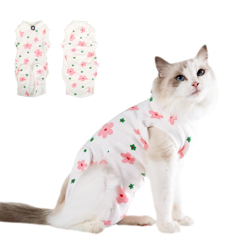 Cat Surgery Recovery Suit, Anti Licking Postoperative Onesie with Roll-Up Design, Soft Breathable Bodysuit Shirt for Female Spay Male Neuter Abdominal Wound Kitten E-Collar Cone Alternative Flower L