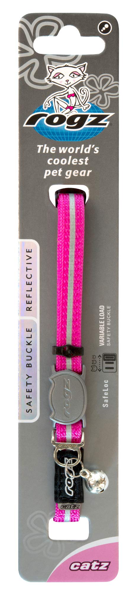 Rogz Reflective Nylon Cat Collar with Breakaway Clip and Removable Bell, fully adjustable to fit most breeds, Pink 3/8" Small