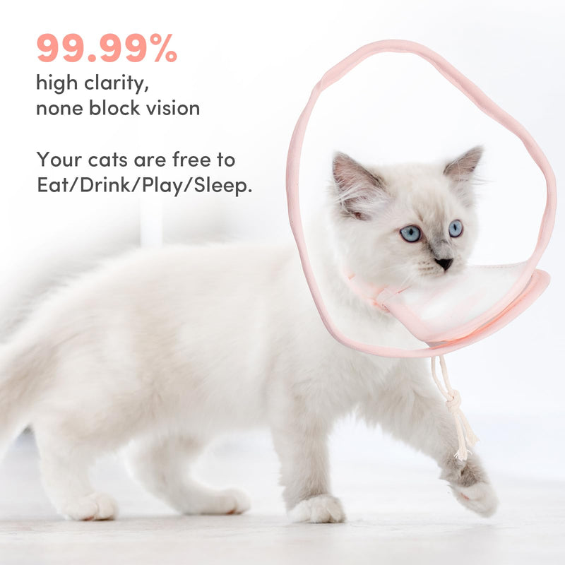 BENCMATE Cat Cone, Drawstrings Cat Cone Collar with Low Noise Fasteners, Transparent Cat Recovery Collar, Licking and Scratching Free Cone, Extra Soft Cat Surgery Collar (Pink,Small) [Neck:7-9"] Small Sakura - PawsPlanet Australia
