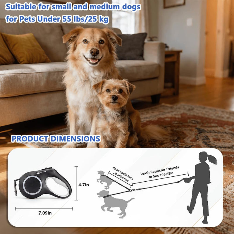 16.4ft Dual Retractable Dog Leash,for XS‑L Dogs Up to 55 lbs,USB Rechargeable LED Light,360°Tangle‑Free,Detachable Front Leash & Emergency Ready,Reflective Elastic(White) White - PawsPlanet Australia