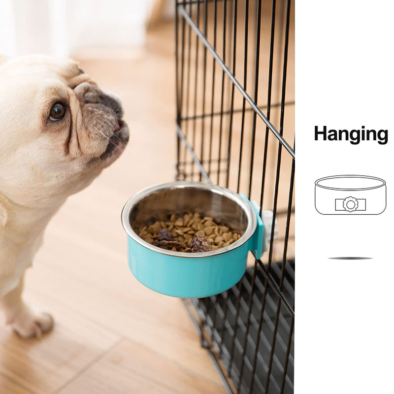 2 Pieces Crate Dog Bowl, Removable Stainless Steel Pet Kennel Hanging Food Water Feeder Bowl Cage Coop Cup for Puppy Medium Dog Cat Rabbit Ferret Bird (Blue,Green) Blue,Green