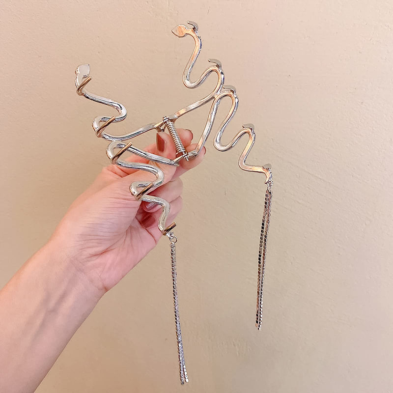 Bedazzled Sparkle Claw Clip Dangling Chain Diamond Hair Clips Fancy Silver Claw Clip Prom Snake Accessories for Women Fairy Hair Clip (SILVER)