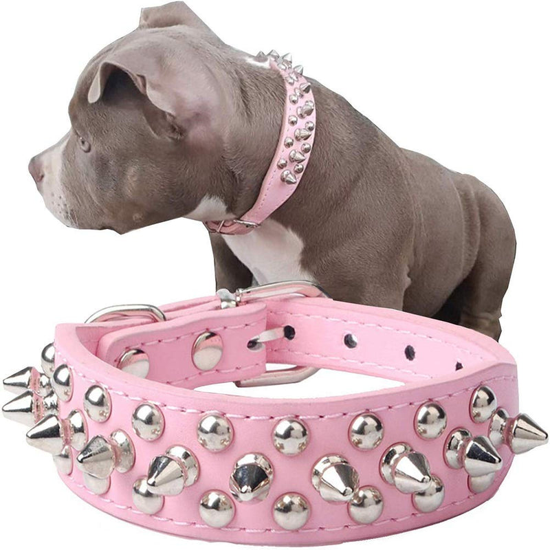 Spiked Leather Dog Collar Lead Set, Bullet Nail Rivet Dog Collar, Leather Dog Collar with Studs for Medium, Pitbull, English Bulldog (XXL, Pink)
