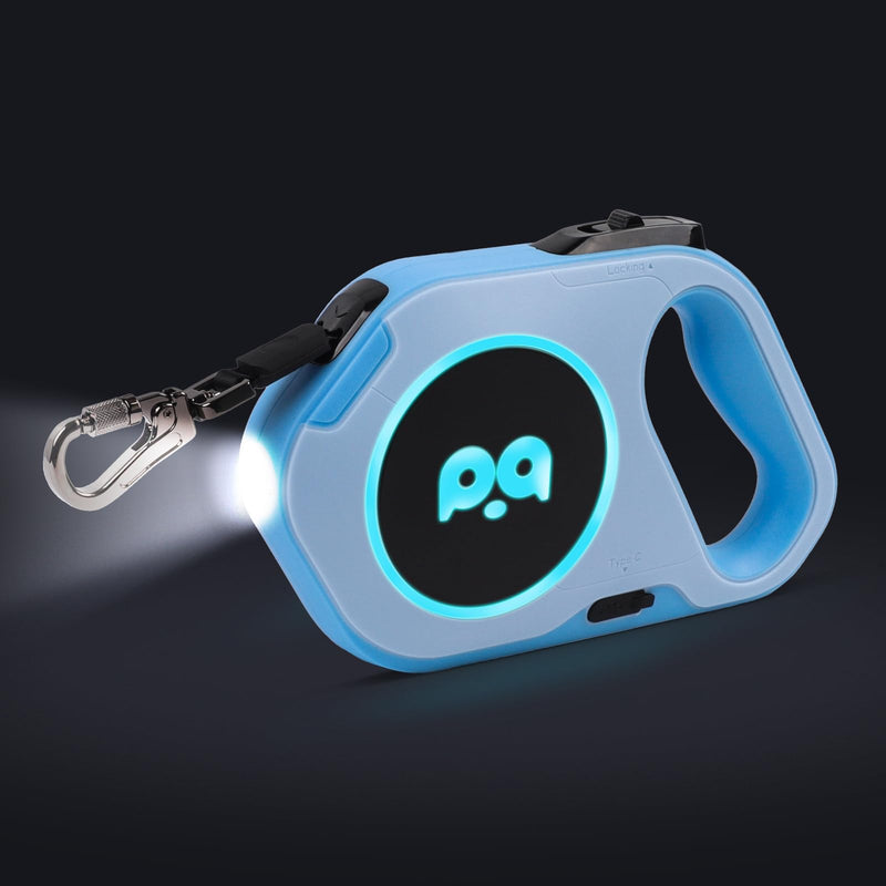 QQPETS Retractable Dog Leash with Rechargeable LED Light - 16 ft Strong Nylon Tape for Night Walks up to 88lbs Pet - 360° Tangle-Free One-Handed Brake, Pause, Lock (Blue) Blue