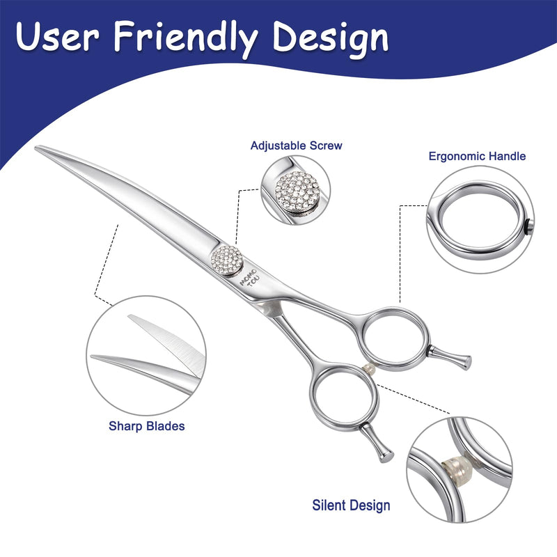 Professional Curved Dog Grooming Scissors with Simulation Diamond 440C Stainless Steel Polished Pet Cat Hair Cutting Shears for Groomers and Home users 7'' Curved Scissors 7'' - PawsPlanet Australia