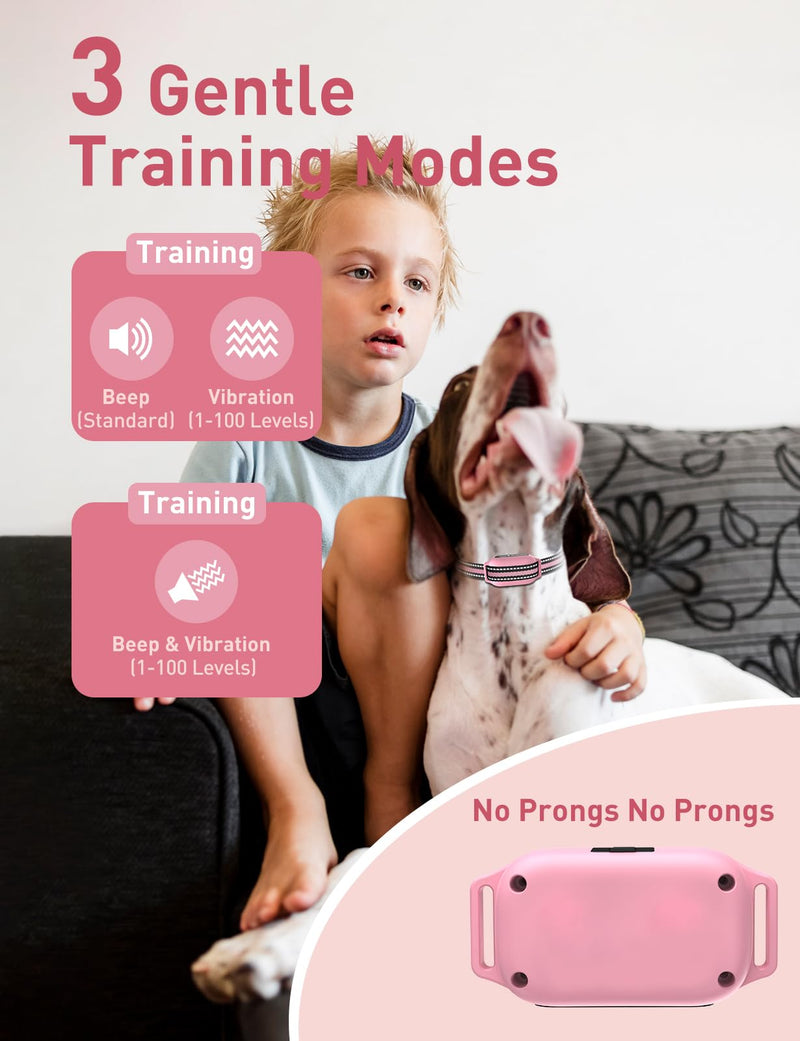 No Shock Dog Training Collar, Beep and Vibrating Dog Collar with Remote 2800Ft, Vibration Collar for Small Medium Large Dogs - No Prongs Pink - White