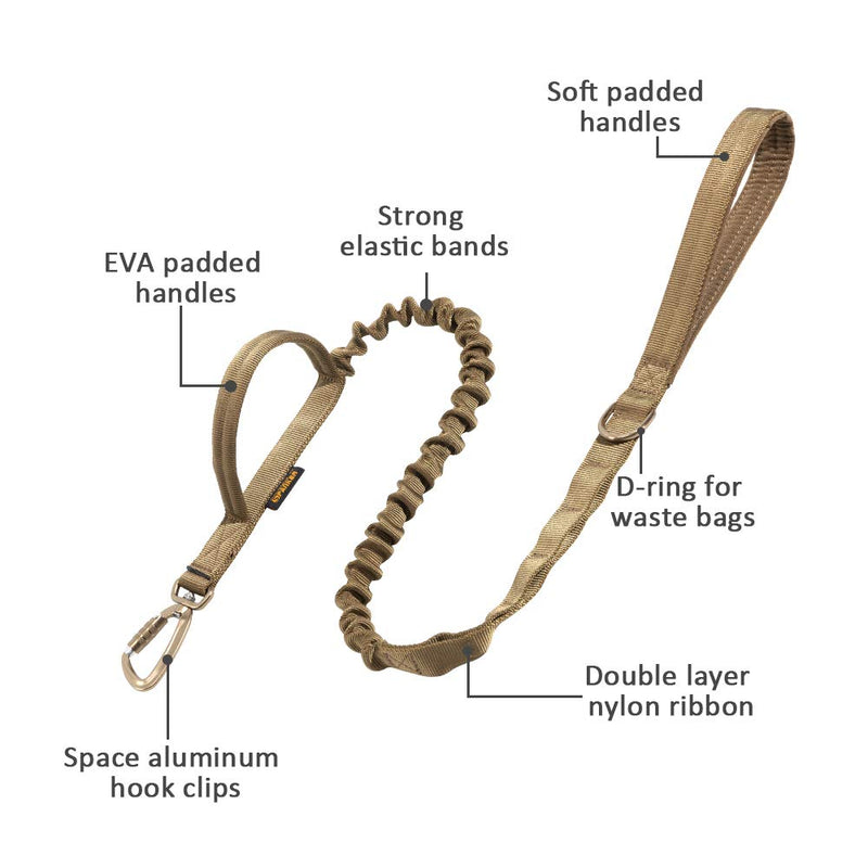EXCELLENT ELITE SPANKER Military Leash Dog Tactical Space Aluminum Hook Clips Bungee Dog Leash Tactical Dog Leash Elastic Dog Rope Leads with 2 Control Handle Coyote Brown - PawsPlanet Australia