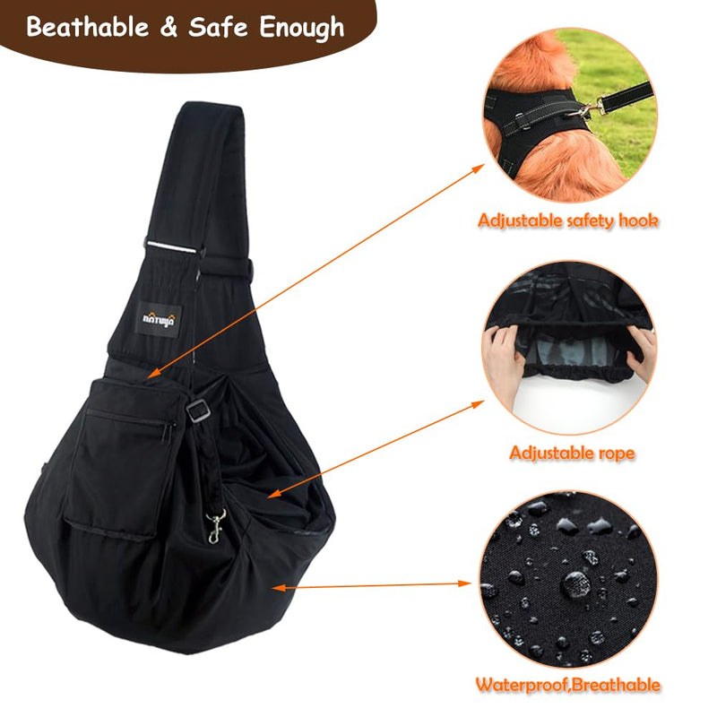 NATUYA Dog Sling Puppy Carrier Hand Free Doggie Adjustable Shoulder Strap Pet Walking Bag Cat Carrier with Zip Pocket Safety Belt Protective Mesh for Outdoor Subway Travel (Black Waterproof) Black Waterproof