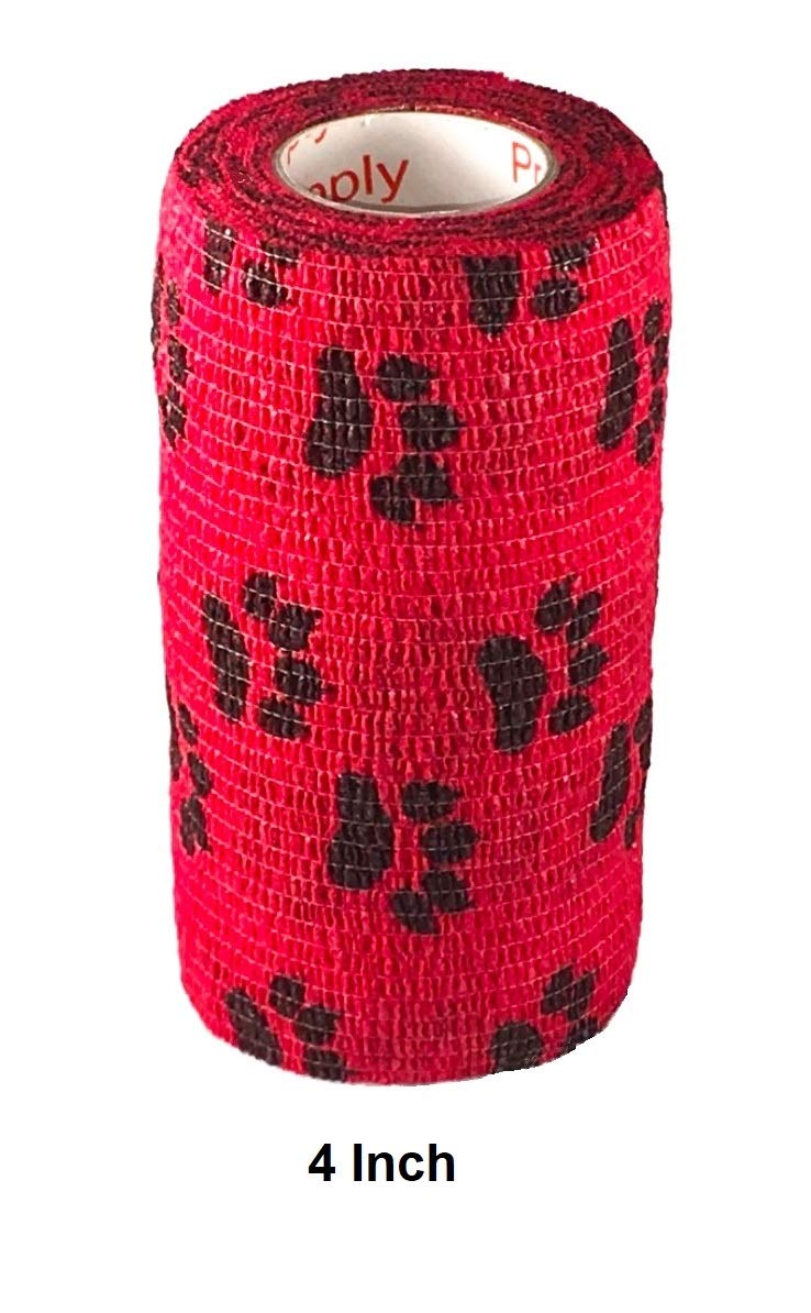 Vet Wrap Wrap Tape (Red with Paw Prints) (2 Pack) (3 Inch x 15 feet) Self Adhesive Adherent Adhering Cohesive Flex Self Stick Bandage Grip Roll Dog Cat Pet Horse 2 Rolls Red With Black Paws - PawsPlanet Australia