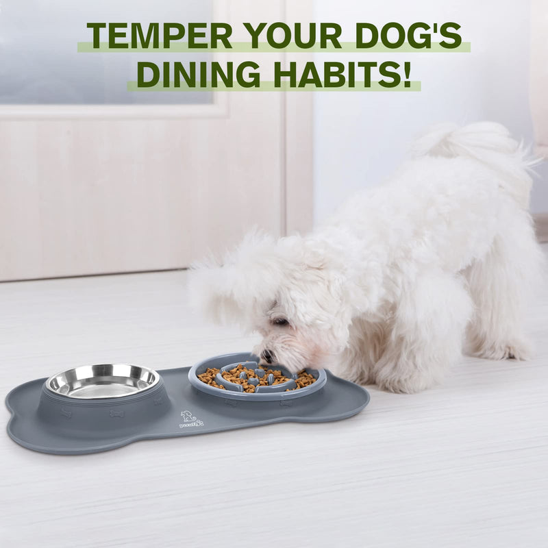 Pecute Slow Feeder Dog Bowls to Slow Down Eating, Dog Bowl Slow Feeder with No-Spill Non-Skid Silicone Mat, Food-Grade Safe Dog Food Bowls Slow Feeder, Stainless Steel Dog Water Bowl for Dogs Cats Medium-1¾ Cup/13.5 oz each Grey - PawsPlanet Australia