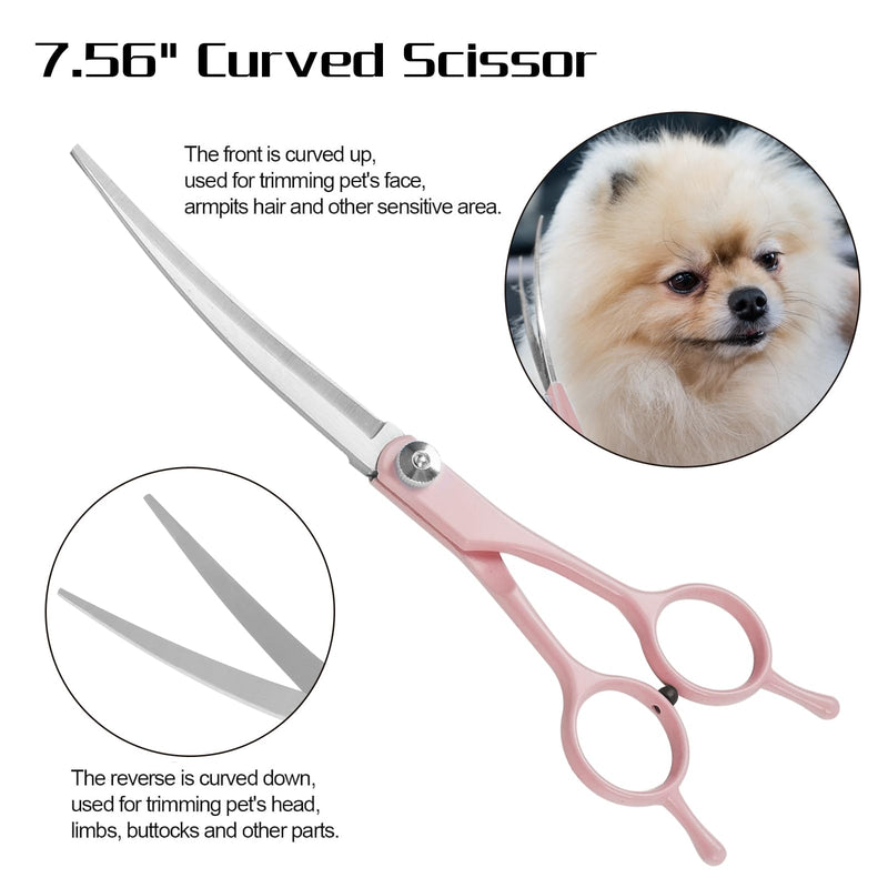 Professional Dog Grooming Scissors Set, 4 in 1 Dog Grooming Scissors Kit, Curved Dog Scissors Pet Thinning Shears, Pink Candy Pink - PawsPlanet Australia