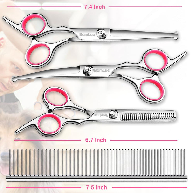Bamlue 6 in 1 Professional Stainless Steel 4CR Safety Round Tip Dog Grooming Scissors, Anti-Rust Shears Cat Grooming Scissors Pet Kit, Thinning Straight Comb for Long Short Hair-Pink Pink - PawsPlanet Australia
