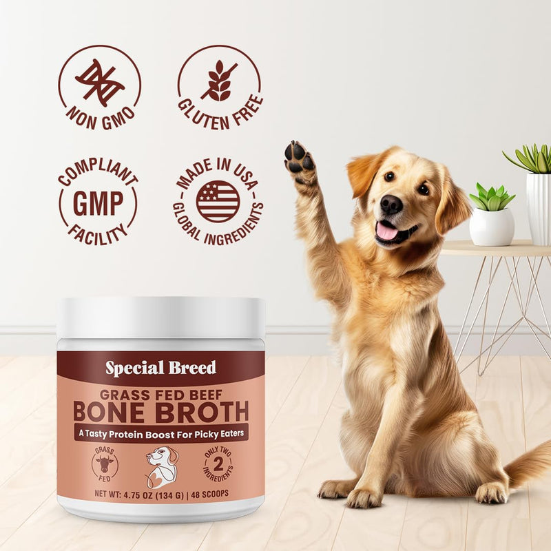 Bone Broth Powder for Dogs and Cats - Dog & Cat Food Topper for Picky Eaters - Grass Fed Beef Bone Broth Supplement - Supports Hydration, Joint, Immunity & Heart Health - Serve Dry or Wet - 4.75oz 4.75 Ounce (Pack of 1)