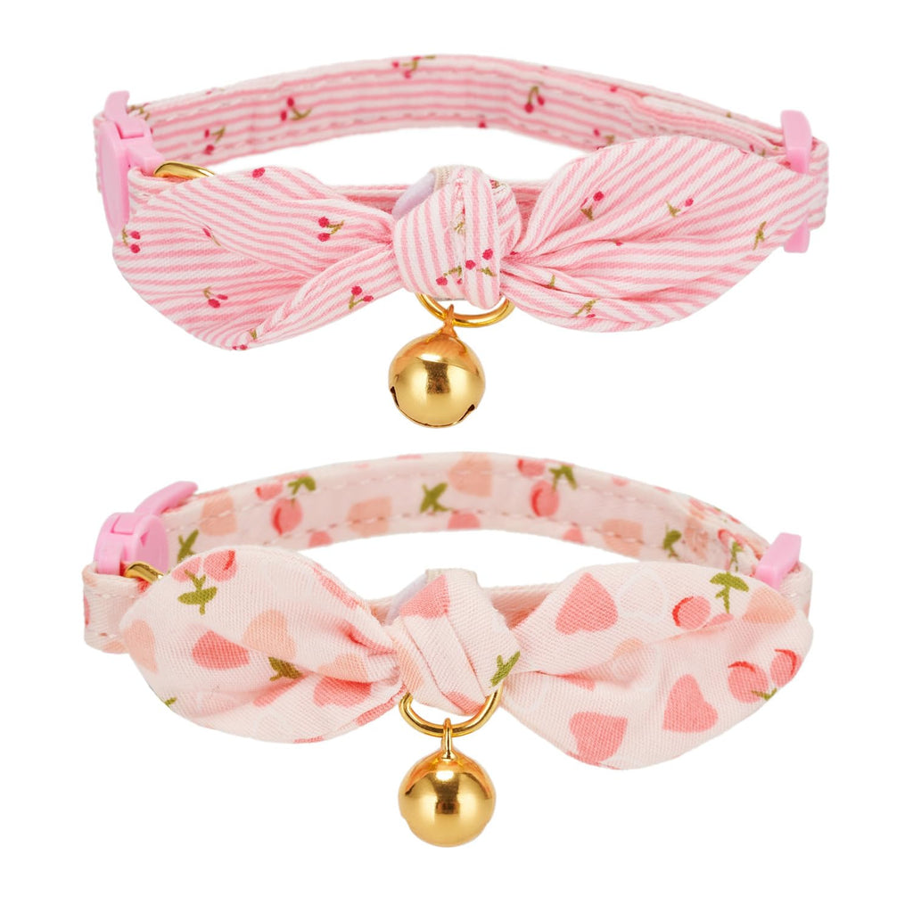 Cotton Bowtie Cat Collar with Bell 2 Pack Adjustable Breakaway Kitten Collars with Removeable Bow Pink Girl Cat Collars 7.5-11.4 Inch (Pack of 2) Cherry Pink+Pink