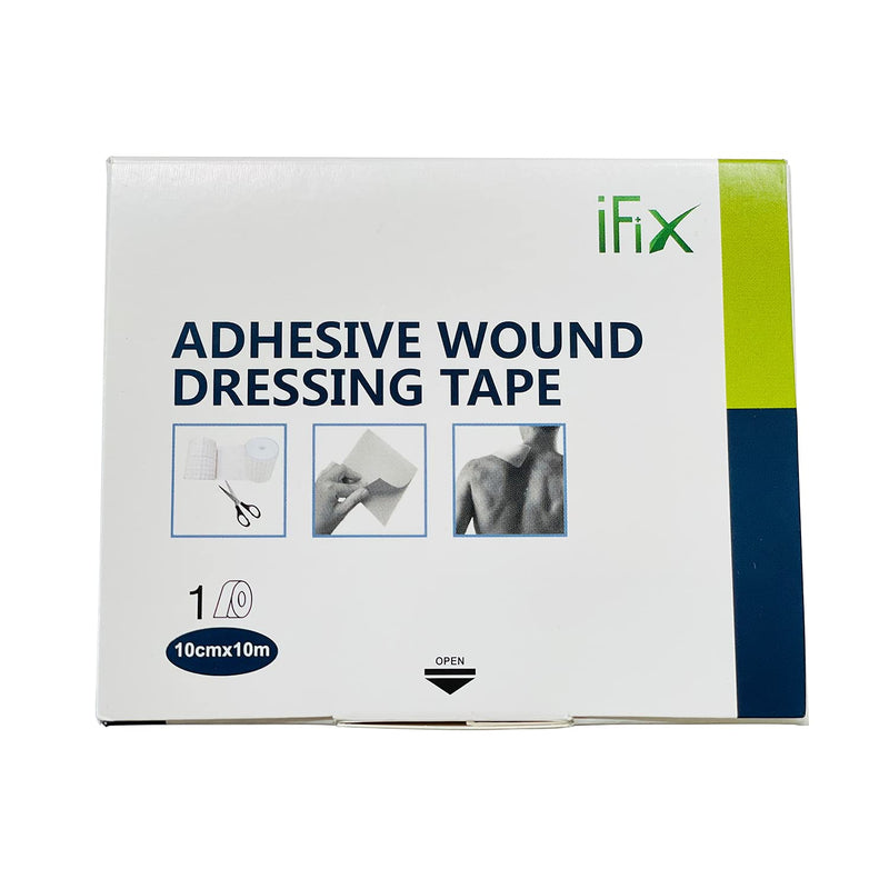 iFix Adhesive Wound Dressing Tape-Surgical Tape, 1 Roll-10 cm x10 Meters in Sturdy Box - Latex-Free Hypoallergenic Fabric Medical Tape - Soft & Breathable First Aid Dressing Tape for Sensitive Skin.