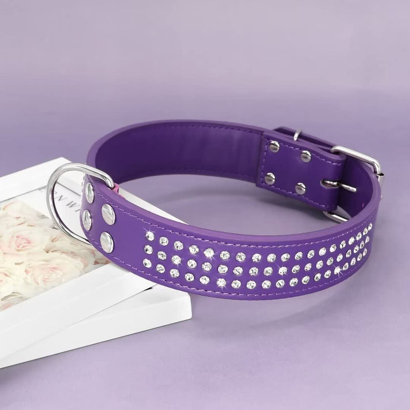 Rhinestones Dog Collar - 1.5" Width Leather Made with Sparkly Crystal Diamonds Studded - Shining Pet Appearance for Medium & Large Dog Walking,17"-20",Purple Neck 17-20",Fit 50-70lbs Purple - PawsPlanet Australia