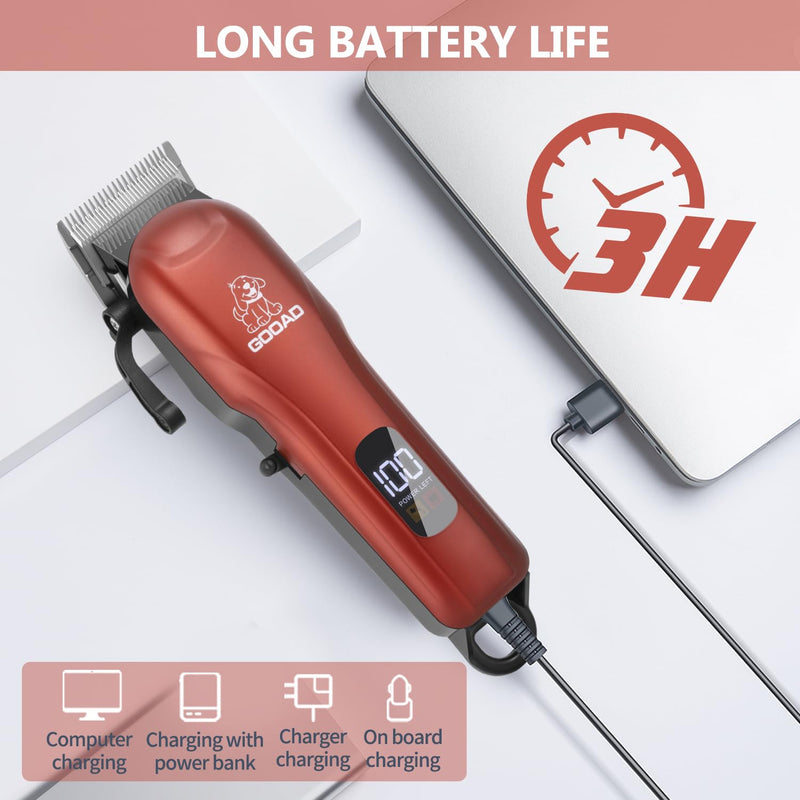 Dog Clippers for Grooming, Cordless, Low Noise, Electric Quiet, Rechargeable Pet Hair Clippers for Thick Coats, Trimmer Grooming Kit, Shaver for Small and Large Dogs Cats, Red