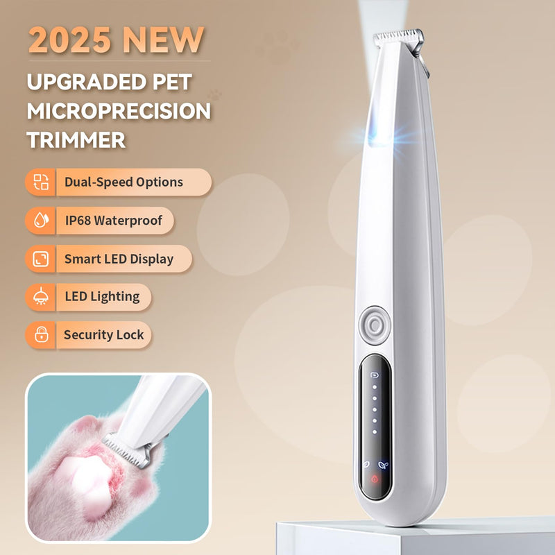 2025 New Pet Precision Trimmer, Dog Paw Trimmer with LED Light, Low Noise, IP68 Waterproof, Dual-Speed Motor, Suit for Trimming Paw, Ear, Face, Butt, Eyebrows, USB Rechageble White With Extra Blades - PawsPlanet Australia