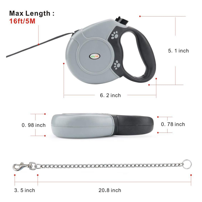 Idepet Heavy Duty Retractable Dog Leash for Small and Medium Dogs, Anti-Chewing Steel Chain 360 Degree Tangle-Free,Break and Lock System,16ft Leash for Dog Walking (Grey, Flat Rope) Grey - PawsPlanet Australia