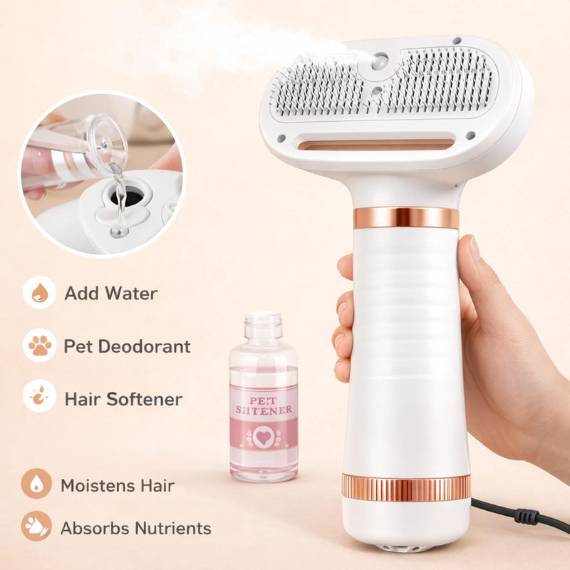 Steam & Dry Pet Grooming Brush for Dogs & Cats, Gentle Touch Deshedding Comb with Light Drying, 4-in-1 Pet Care Tool for Brushing, Drying & Fur Control